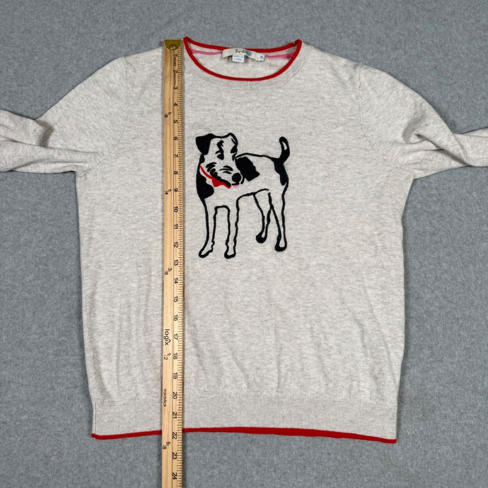 Boden Womens Oatmeal Wool Cotton Fox Terrier Dog Intarsia Sweater Red Trim M - Picture 6 of 8
